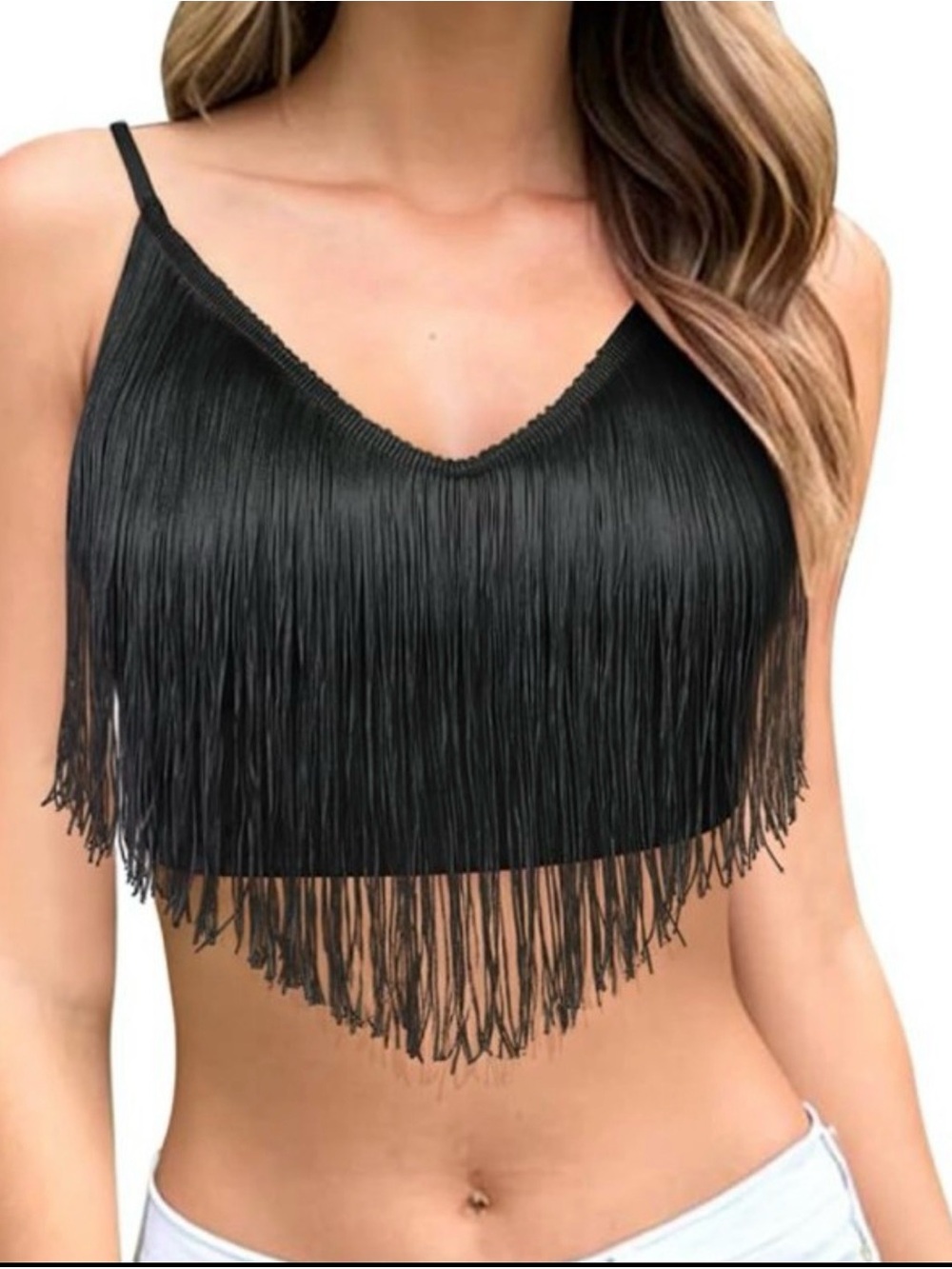 Shein Black Fringe Crop Top Festival adjustable strap size M